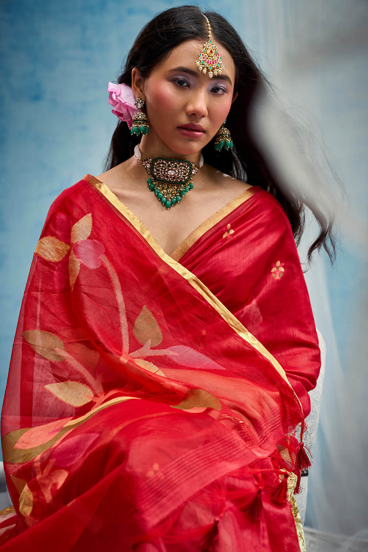 Milano Red Zari Woven Munga Cotton Saree