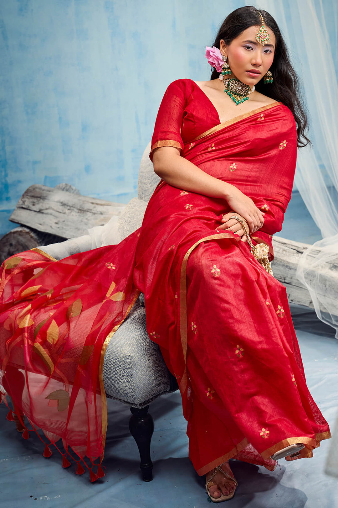 Milano Red Zari Woven Munga Cotton Saree