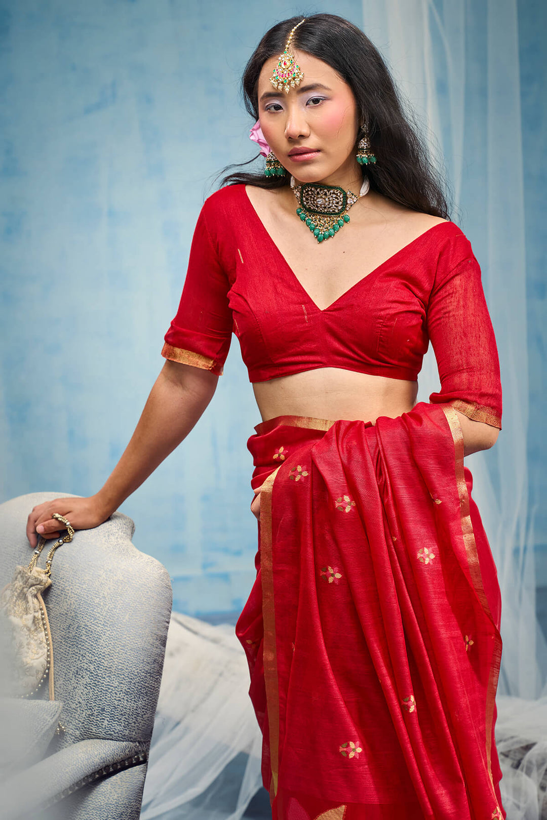 Milano Red Zari Woven Munga Cotton Saree