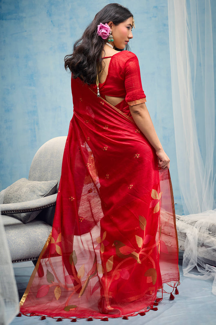 Milano Red Zari Woven Munga Cotton Saree
