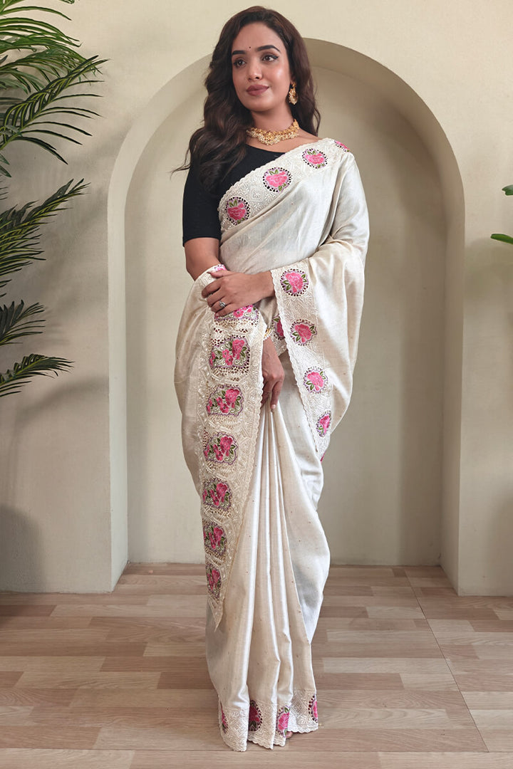 Milk White Cutwork Embroidered Tussar Silk Saree