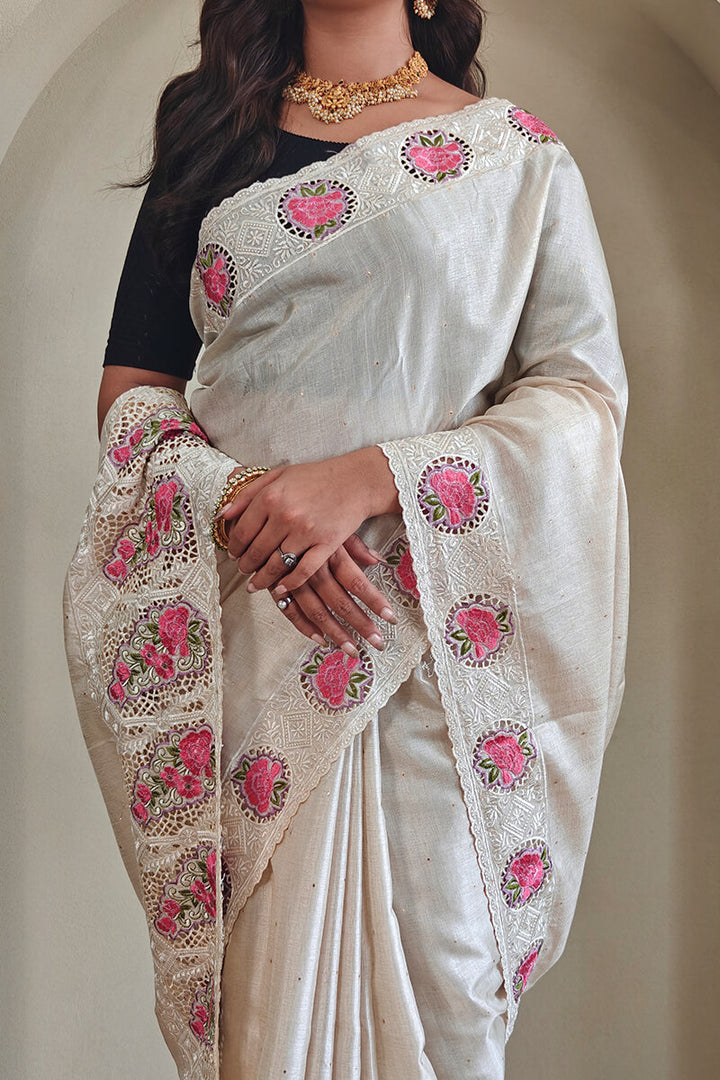 Milk White Cutwork Embroidered Tussar Silk Saree