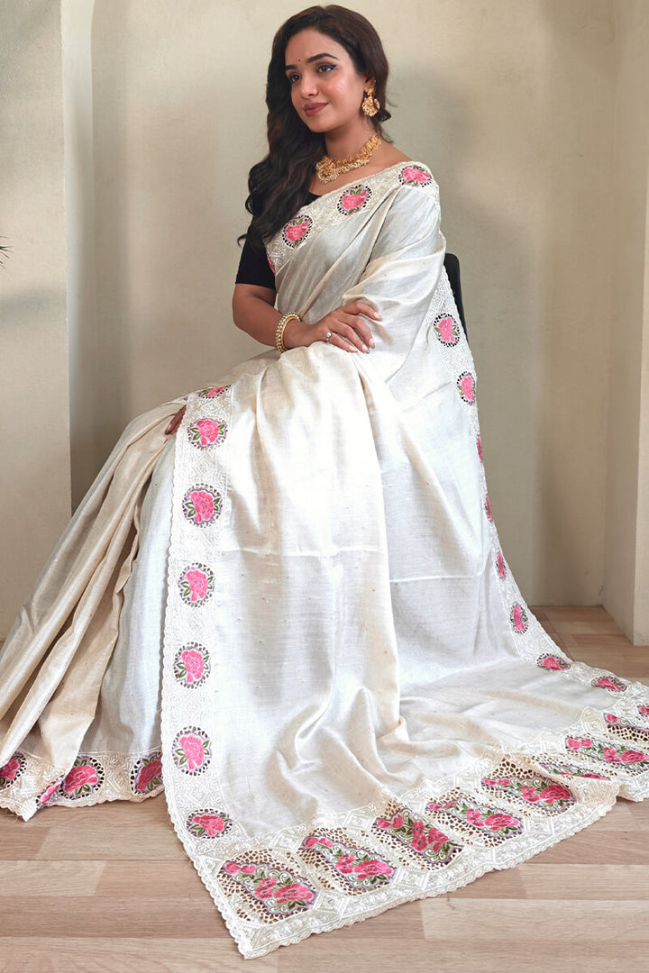 Milk White Cutwork Embroidered Tussar Silk Saree