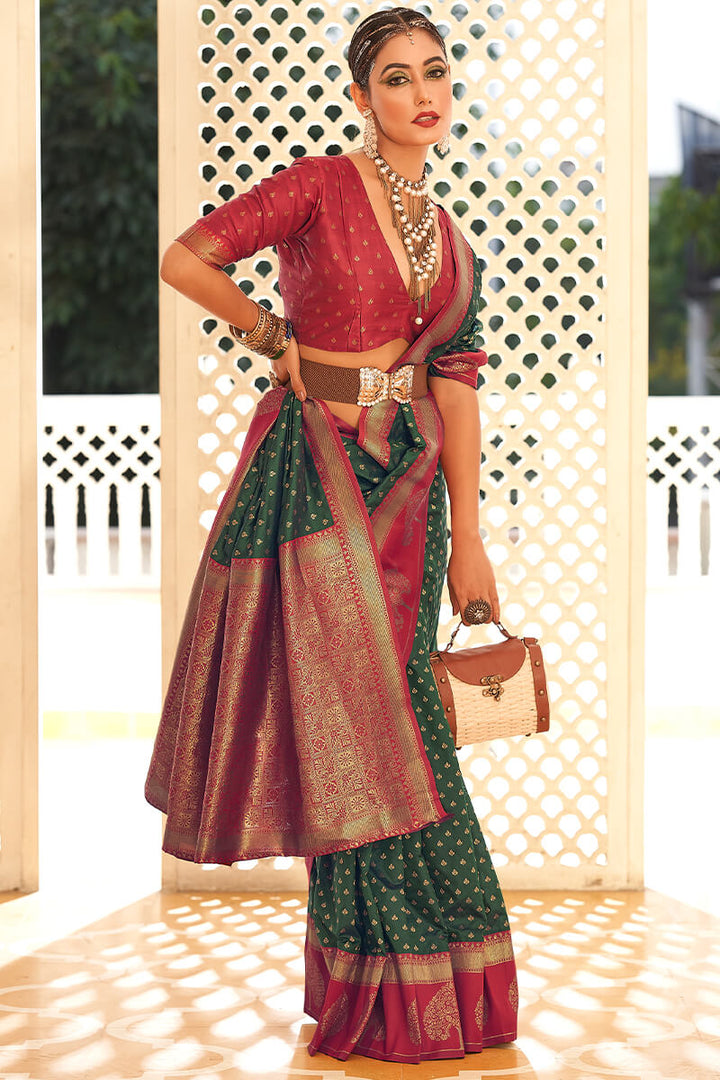 Mineral Green and Red Soft Banarasi Silk Saree