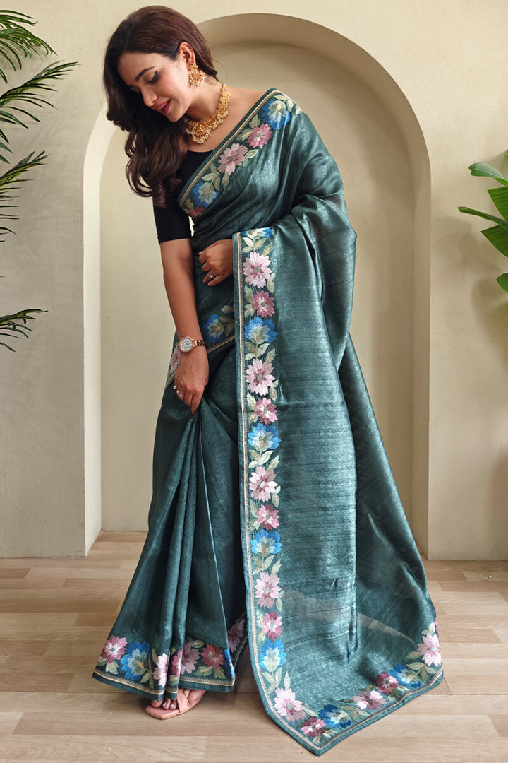 Mineral Green Contrast Color Embroidered Tussar Silk Saree