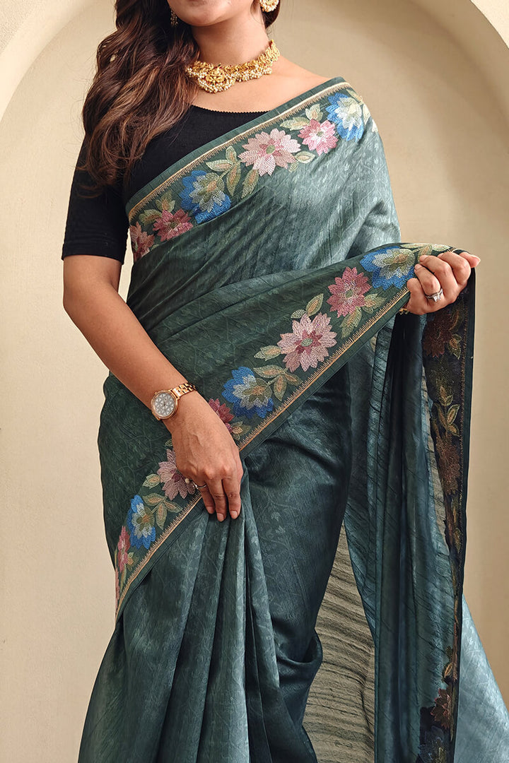Mineral Green Contrast Color Embroidered Tussar Silk Saree