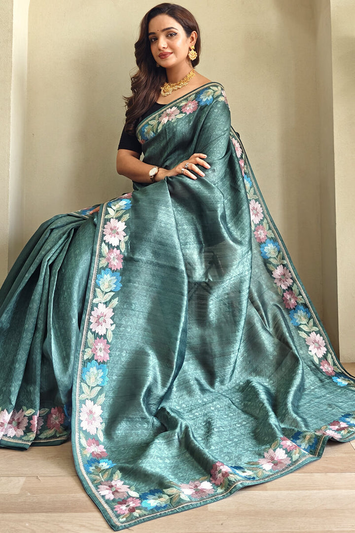 Mineral Green Contrast Color Embroidered Tussar Silk Saree