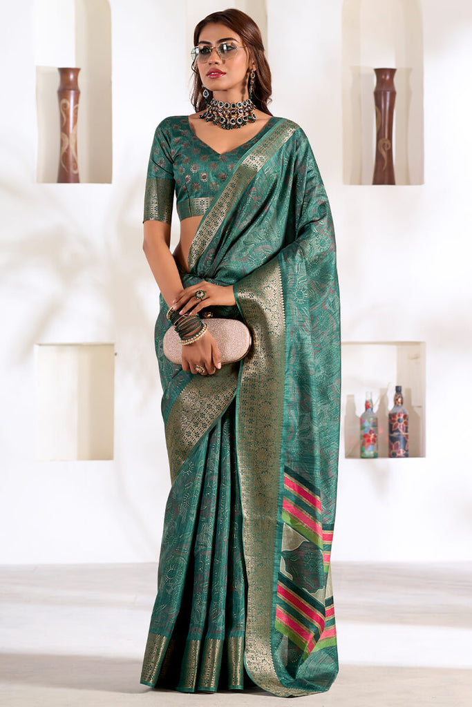 Mineral Green Foil Printed Dola silk saree