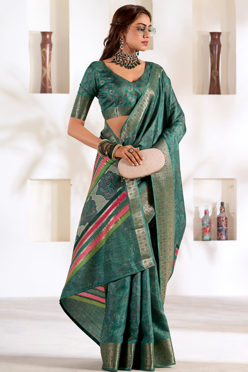 Mineral Green Foil Printed Dola silk saree