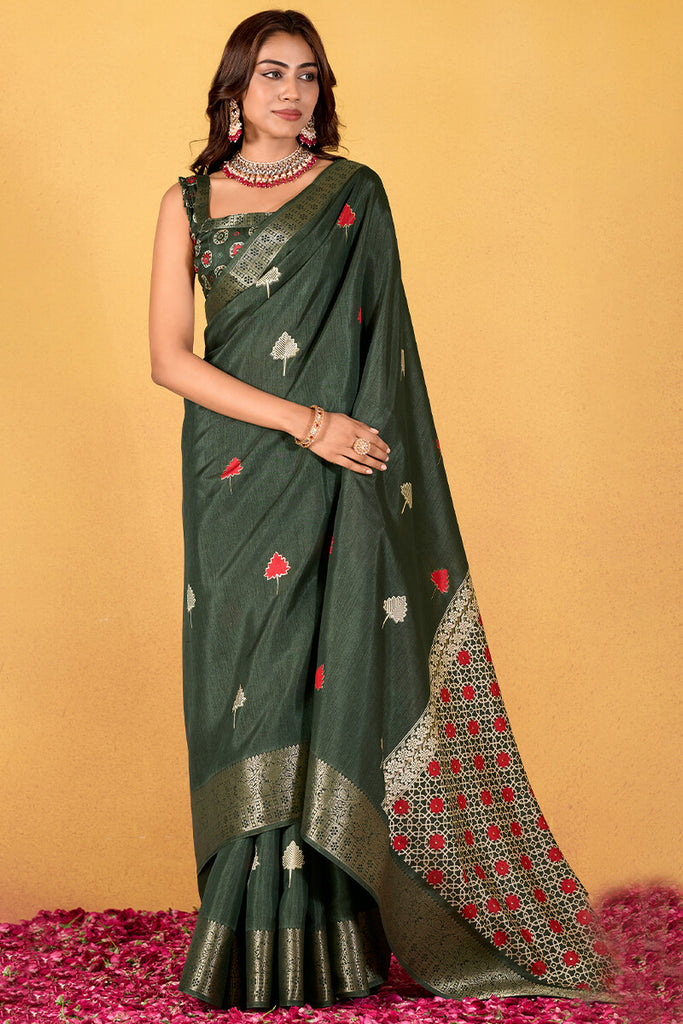 Mineral Green Foil Printed Pure Dola Silk Saree