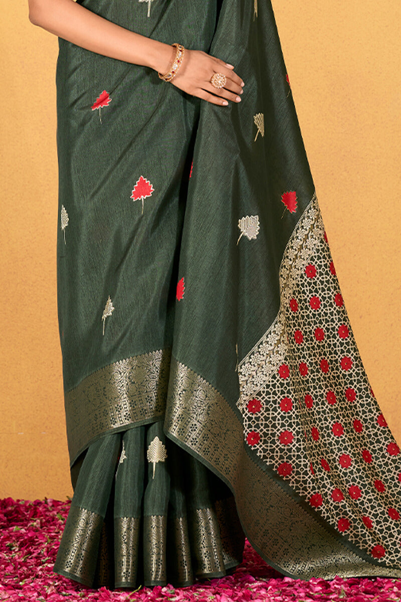 Mineral Green Foil Printed Pure Dola Silk Saree