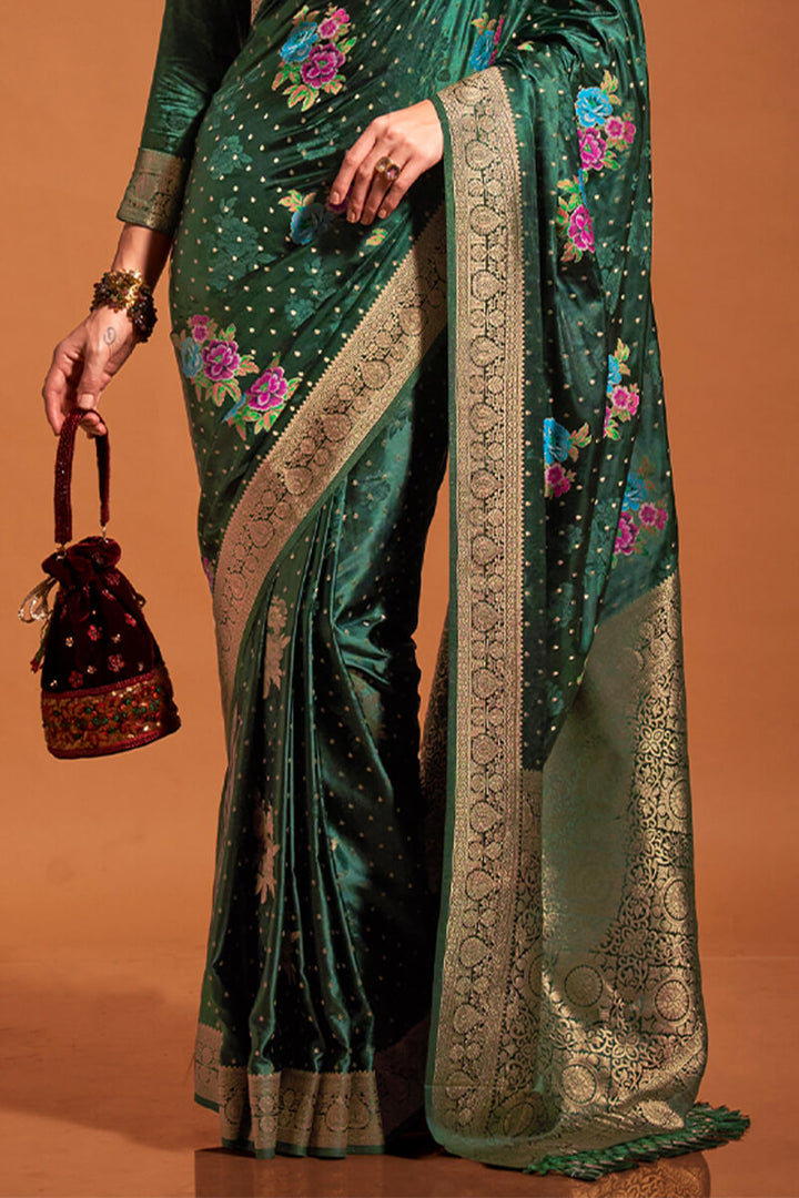 Mineral Green Handloom Woven Satin Silk Saree