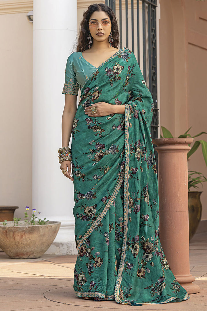 Mineral Green Printed Pure Viscose Dola Silk Saree