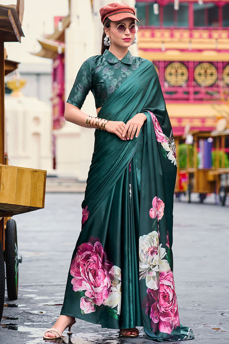 Mineral Green Printed Satin Crepe Silk Saree