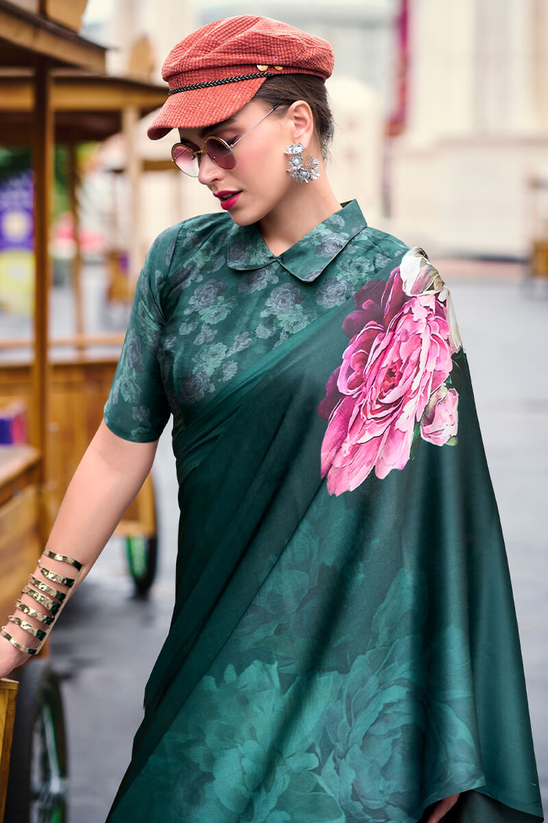 Mineral Green Printed Satin Crepe Silk Saree