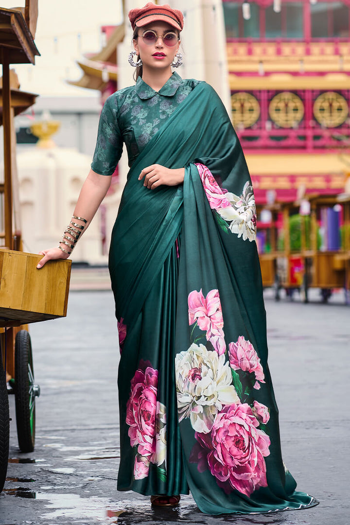 Mineral Green Printed Satin Crepe Silk Saree