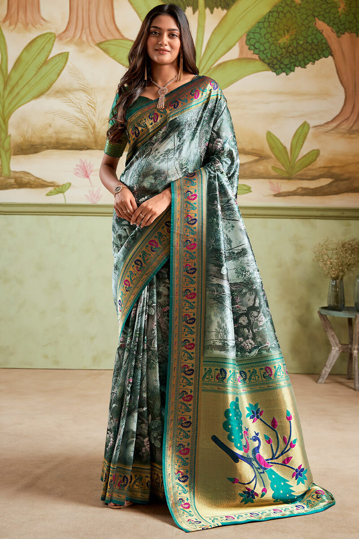 Mineral Green Zari Woven Paithani Silk Saree