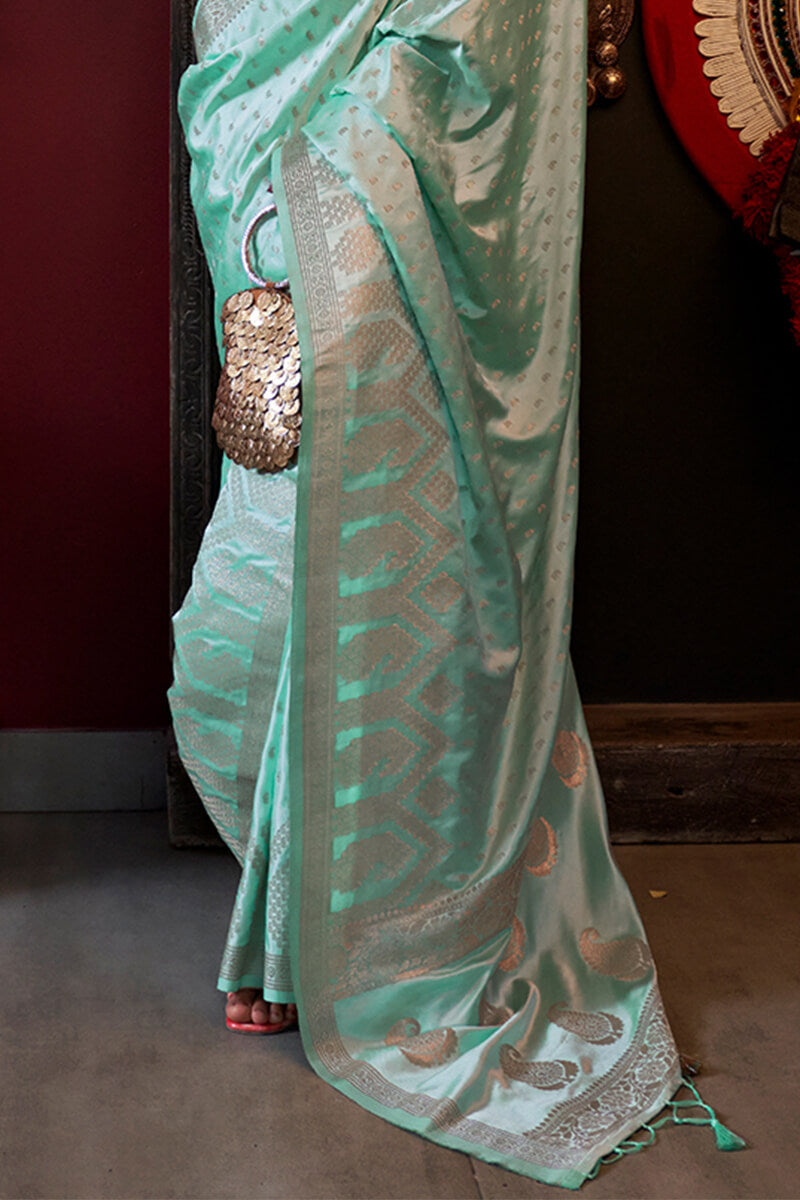 Mint Green Banarasi Satin Silk Saree