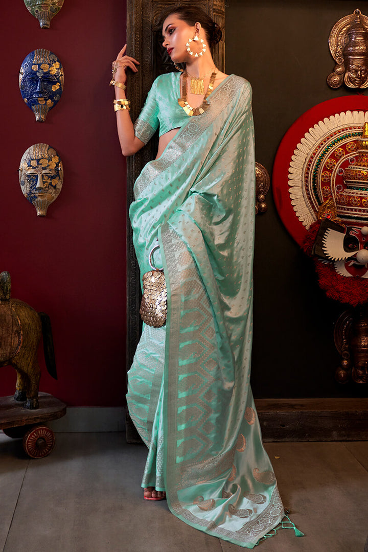 Mint Green Banarasi Satin Silk Saree