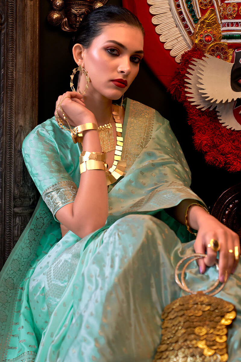 Mint Green Banarasi Satin Silk Saree