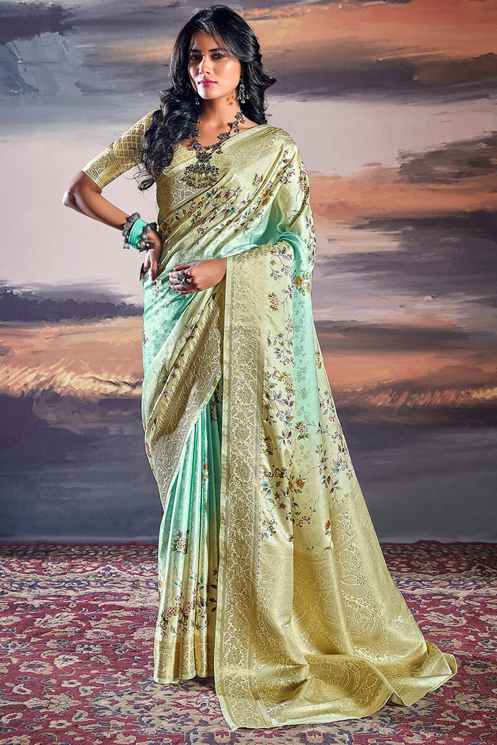 Mint Green Floral Printed Satin Silk Saree