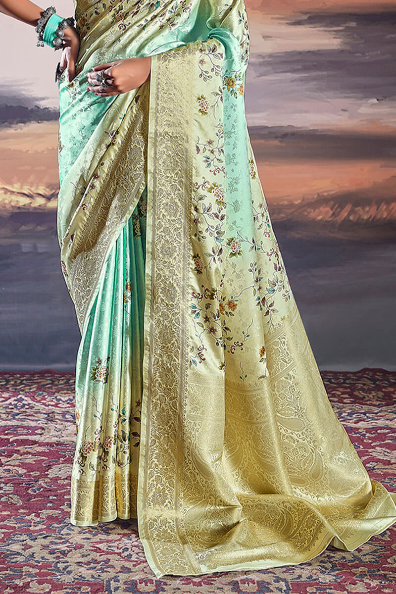 Mint Green Floral Printed Satin Silk Saree