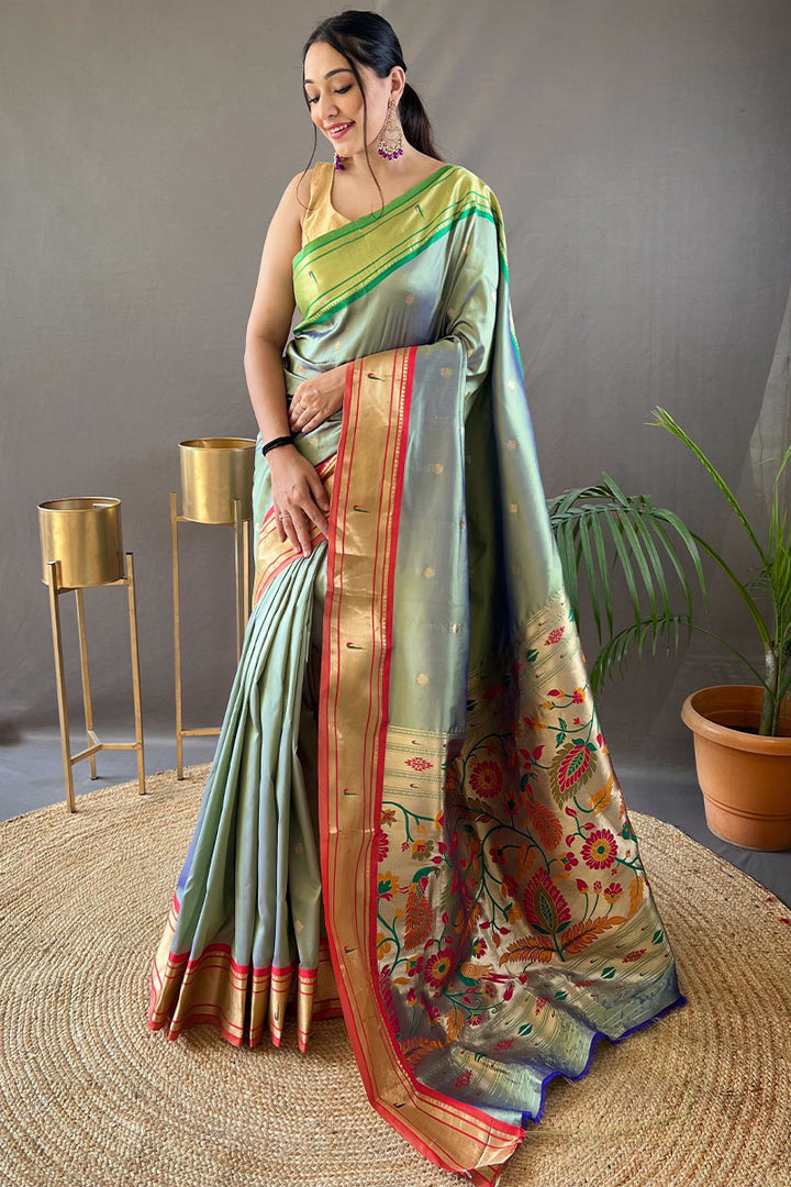 Mint Green Paithani Silk Saree