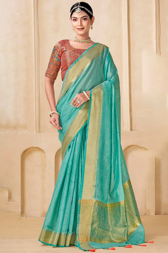 Mint Green Viscose Spun Saree with Embroidery Blouse Piece