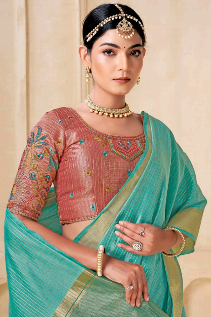Mint Green Viscose Spun Saree with Embroidery Blouse Piece