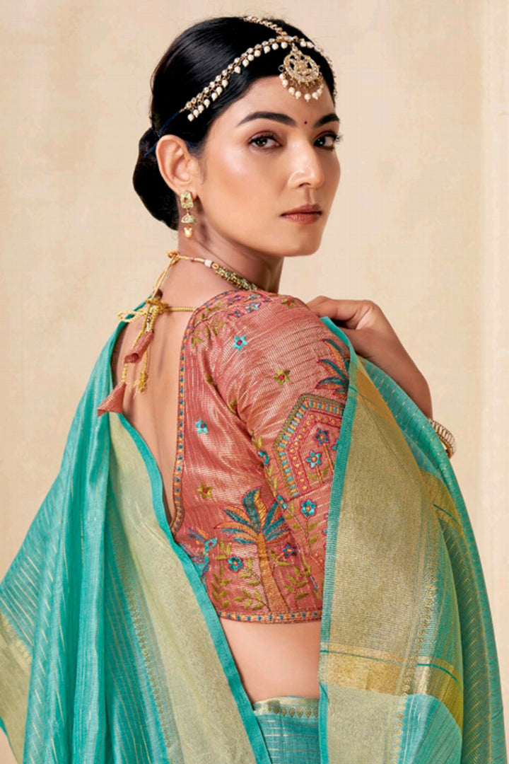 Mint Green Viscose Spun Saree with Embroidery Blouse Piece