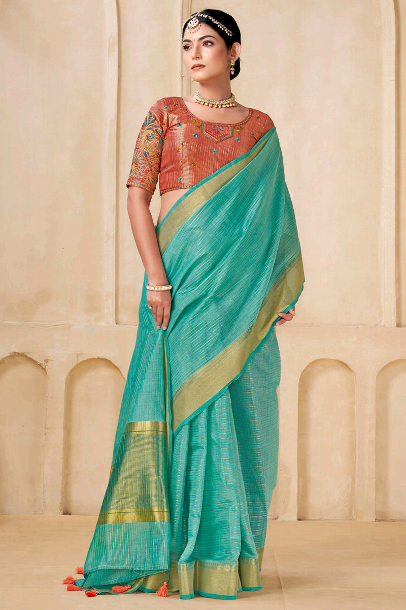 Mint Green Viscose Spun Saree with Embroidery Blouse Piece