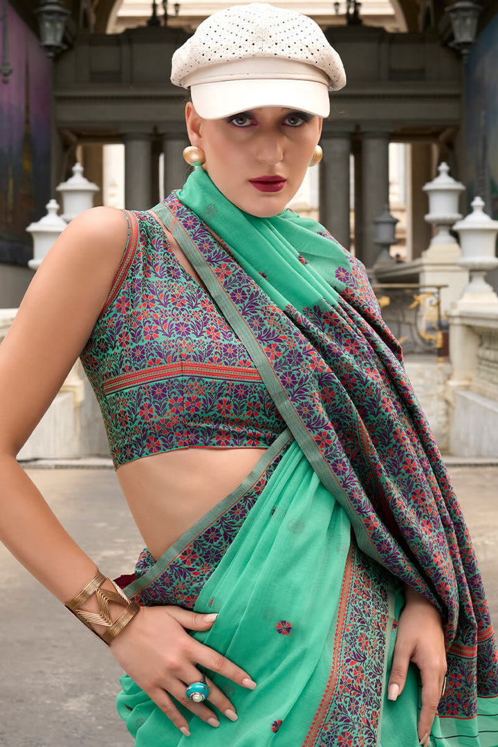 Mint Green Woven Soft Linen Silk Saree