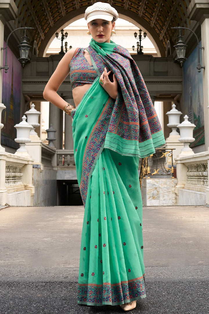 Mint Green Woven Soft Linen Silk Saree