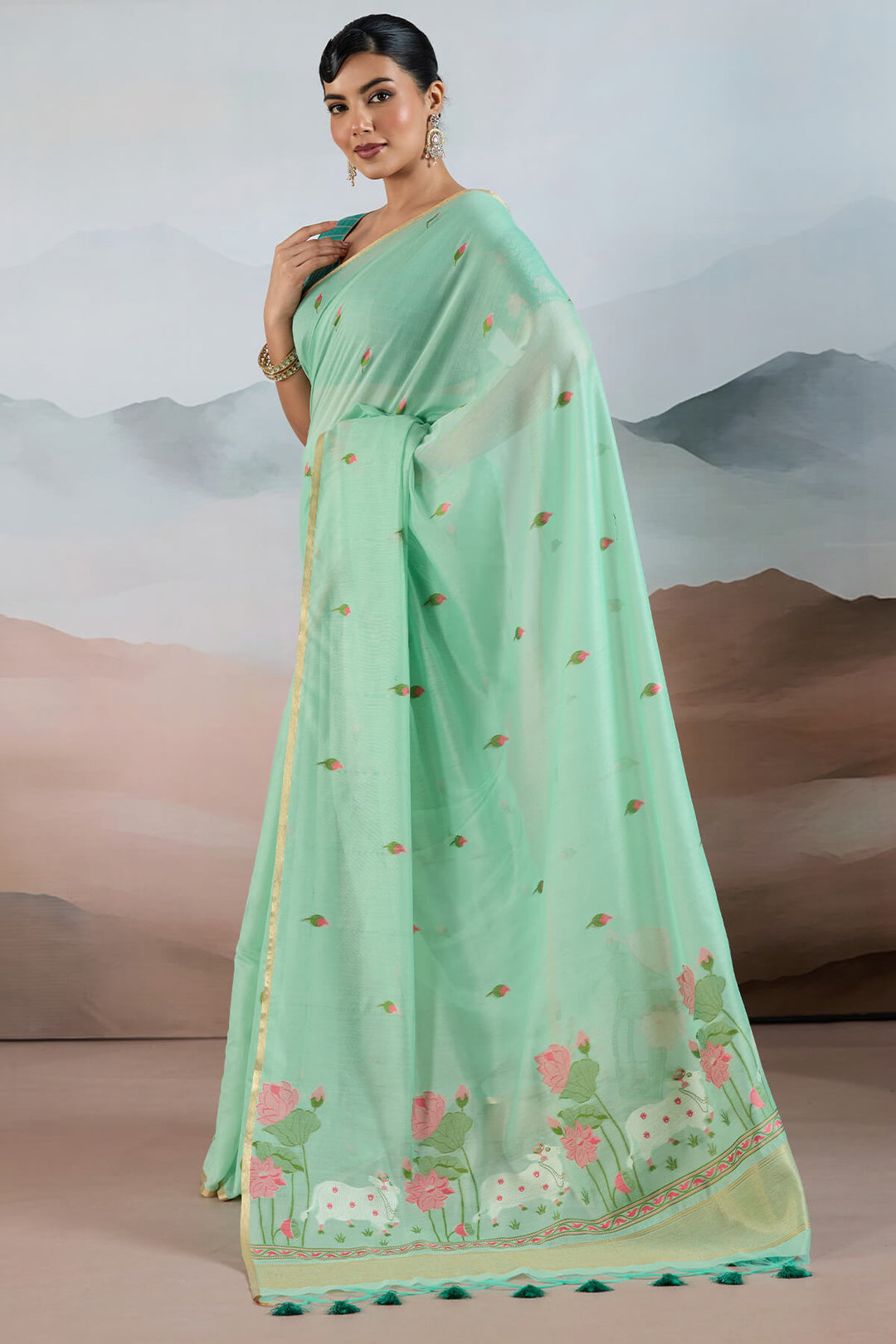 Mint Green Woven Spun Cotton Saree