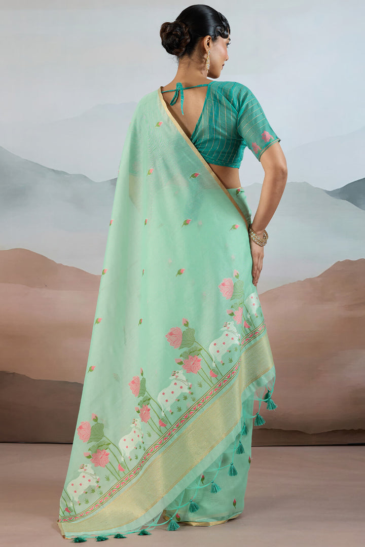Mint Green Woven Spun Cotton Saree