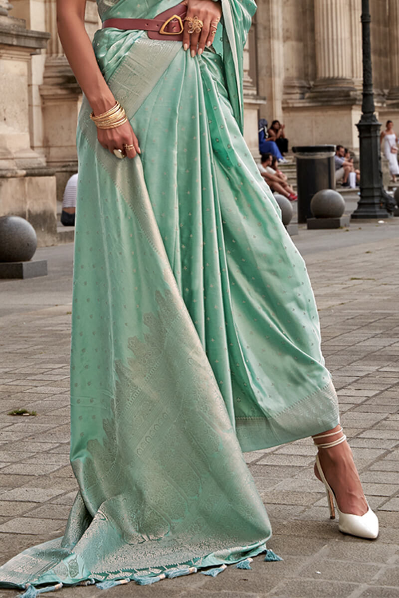 Mint Green Zari Woven Banarasi Satin Silk Saree