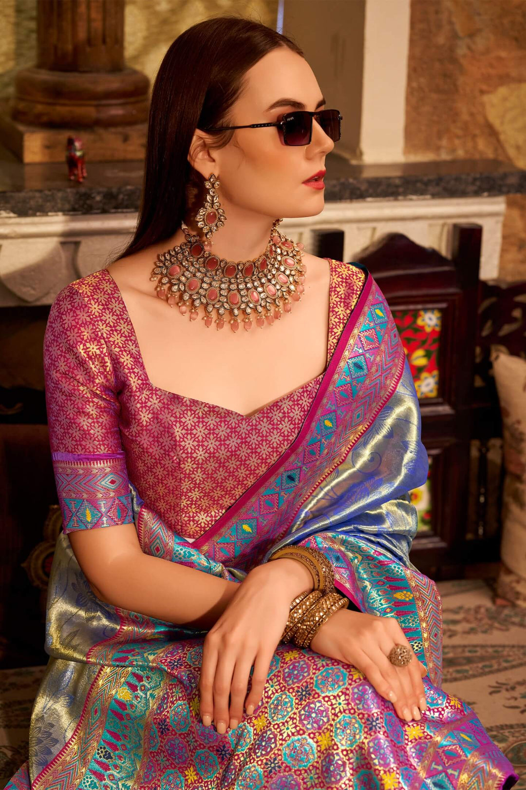 Mist Blue Banarasi Tissue Silk Saree