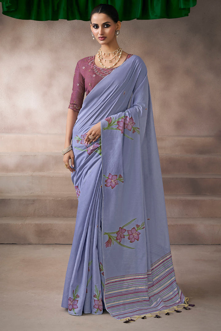 Mist Blue Viscose Cotton Silk Saree with Embroidery Blouse