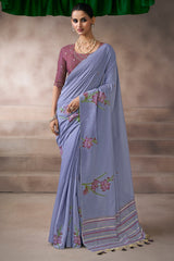 Mist Blue Viscose Cotton Silk Saree with Embroidery Blouse