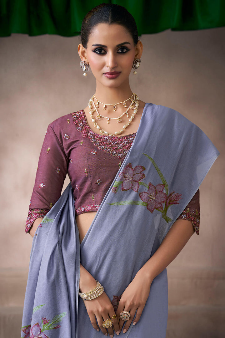 Mist Blue Viscose Cotton Silk Saree with Embroidery Blouse