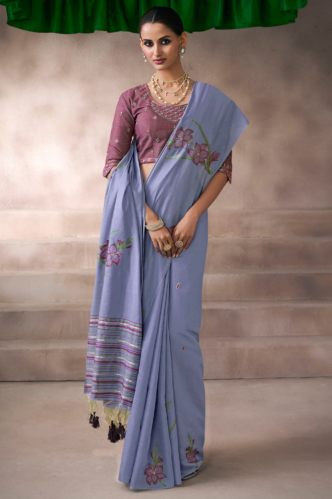 Mist Blue Viscose Cotton Silk Saree with Embroidery Blouse