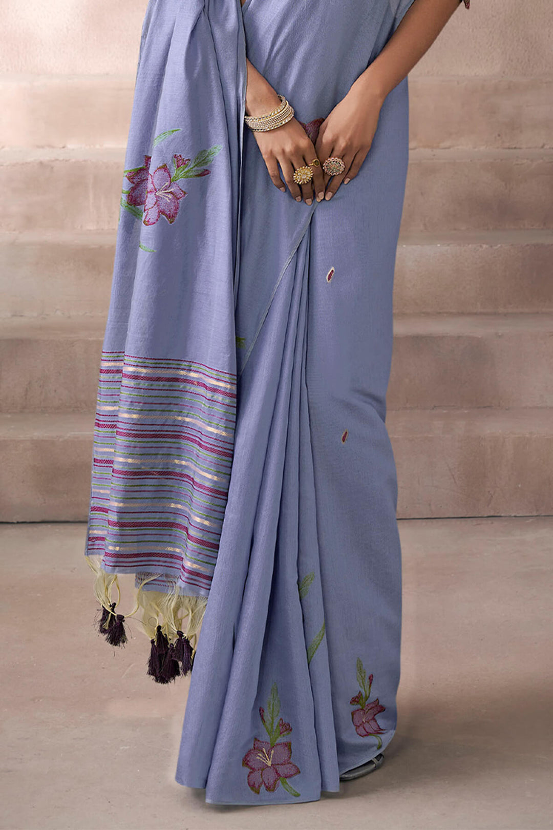 Mist Blue Viscose Cotton Silk Saree with Embroidery Blouse