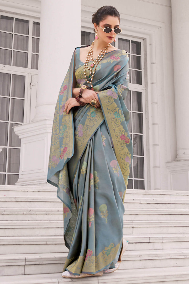 Mist Blue Zari Woven Banarasi Tissue Silk Saree