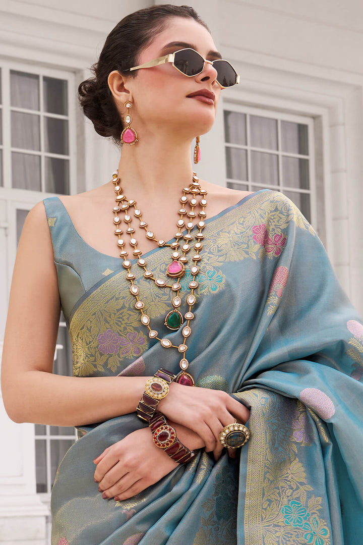 Mist Blue Zari Woven Banarasi Tissue Silk Saree
