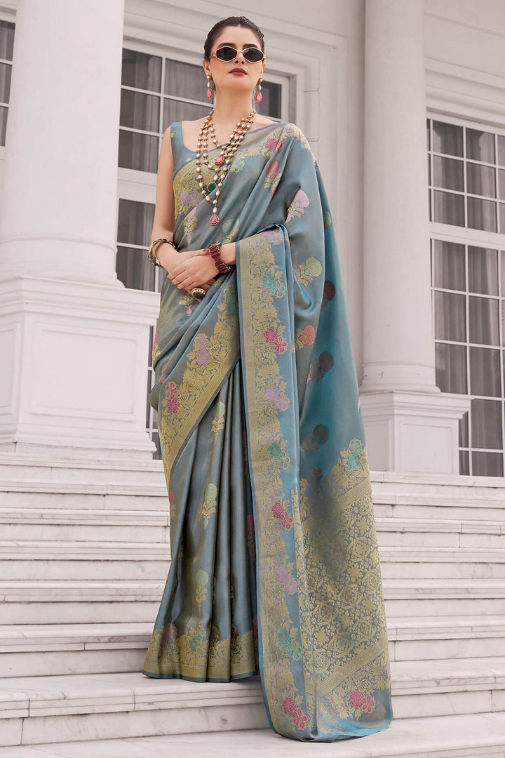 Mist Blue Zari Woven Banarasi Tissue Silk Saree