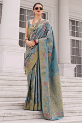 Mist Blue Zari Woven Banarasi Tissue Silk Saree