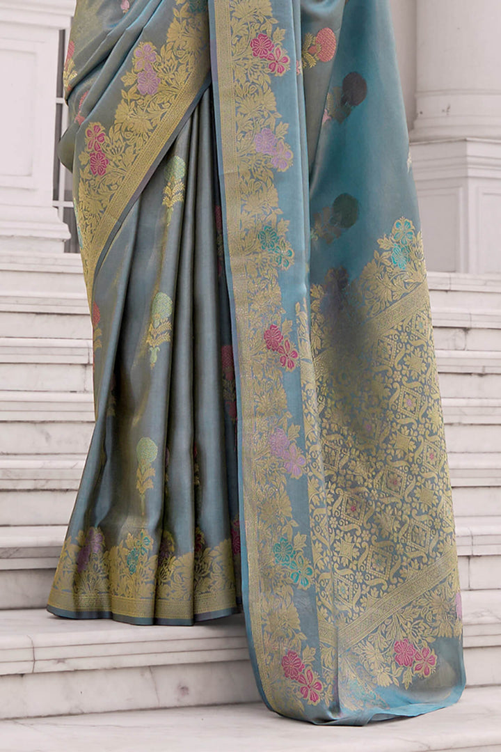 Mist Blue Zari Woven Banarasi Tissue Silk Saree