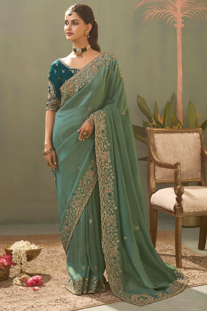 Mist Green Embroidery saree with Designer Embroidery Blouse