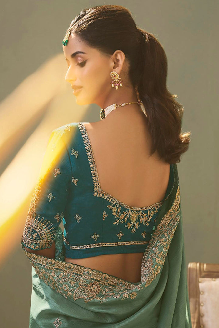 Mist Green Embroidery saree with Designer Embroidery Blouse