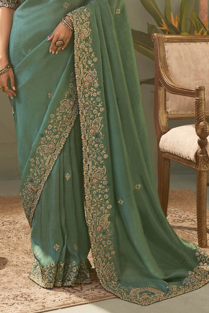 Mist Green Embroidery saree with Designer Embroidery Blouse